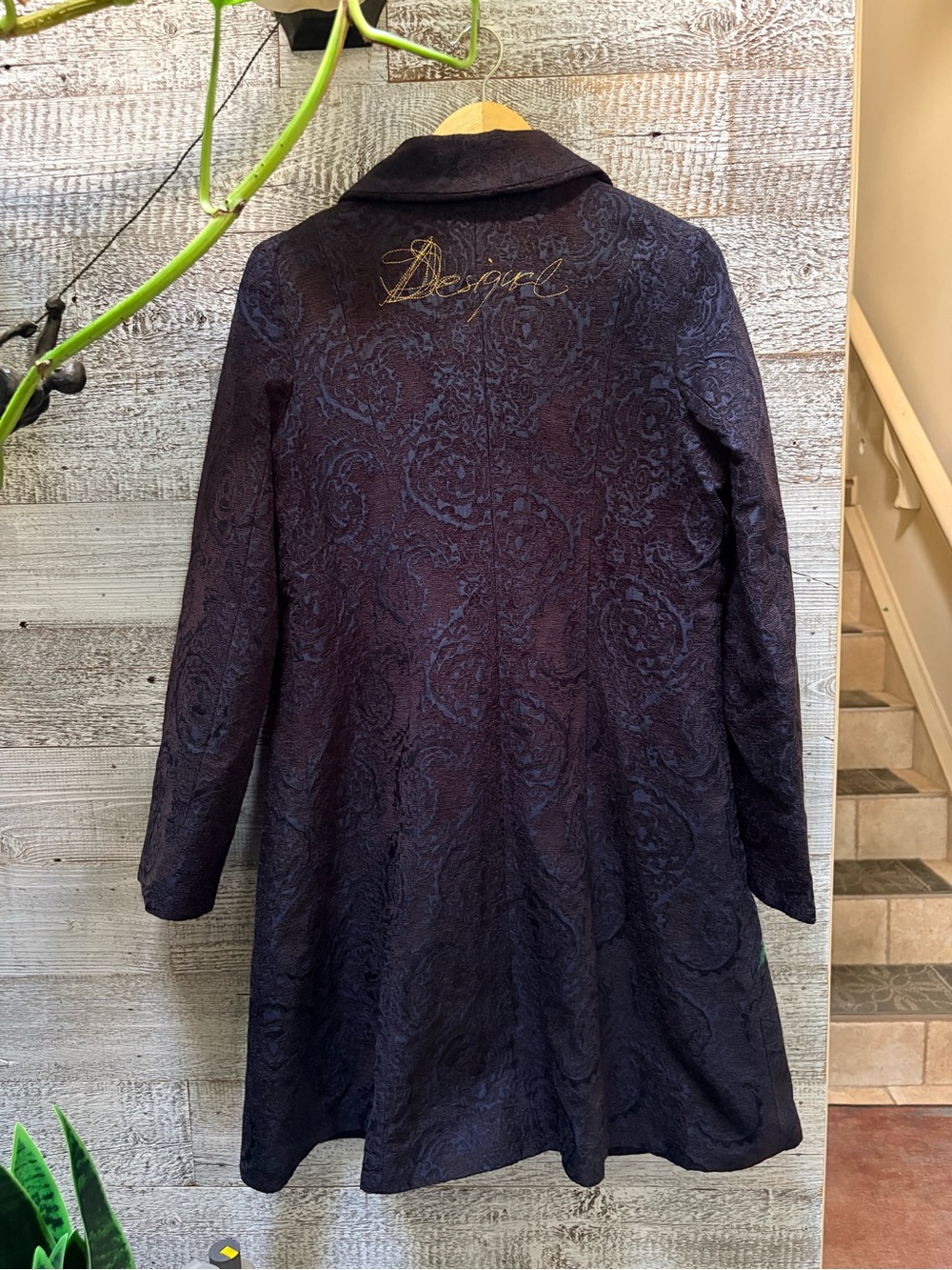 Desigual | "Dream" Long Floral Embroidered Jacquard Coat - Women 44/M, Navy/Blk - Picture 2 of 16